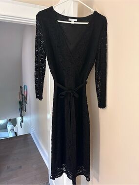 new york and company black lace dress New York And Company XL Black Lace Dress Has Beige Lining V Neck Chest Detail